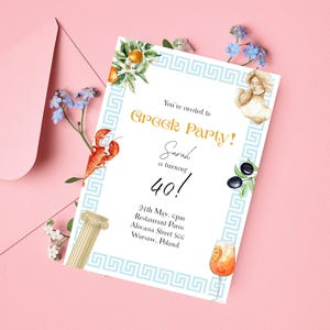 Greek Party Invitation, Mediterranean Birthday Invite, Feta & Fun, Party Like a Greek, Digital Download Printable Editable Instant Template