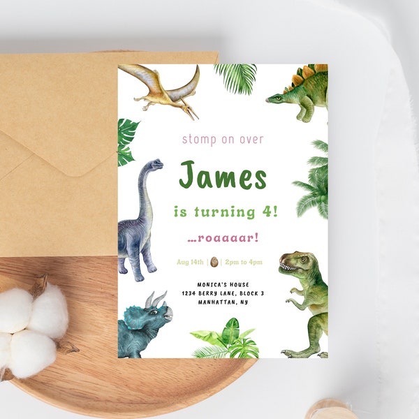 Dinosaur Invitation, Dino Invites, T-Rex Party Template, Digital Instant Printable Download, Modern Tyrannosaurus Rex Birthday