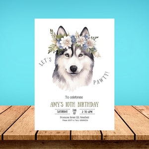 Husky-Karte Einladungsvorlage EDITIERBAR, Sibirischer Husky Hund Geburtstagsparty, Let es Pawty, Digitaler Sofort-Download druckbare Canva-Vorlage