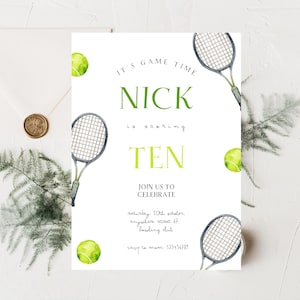 Tennis Einladung Editierbare Vorlage, Tennis Geburtstagsparty Einladung, Aquarell Tennis Ball Schläger Einladung, Digitaler druckbarer Download