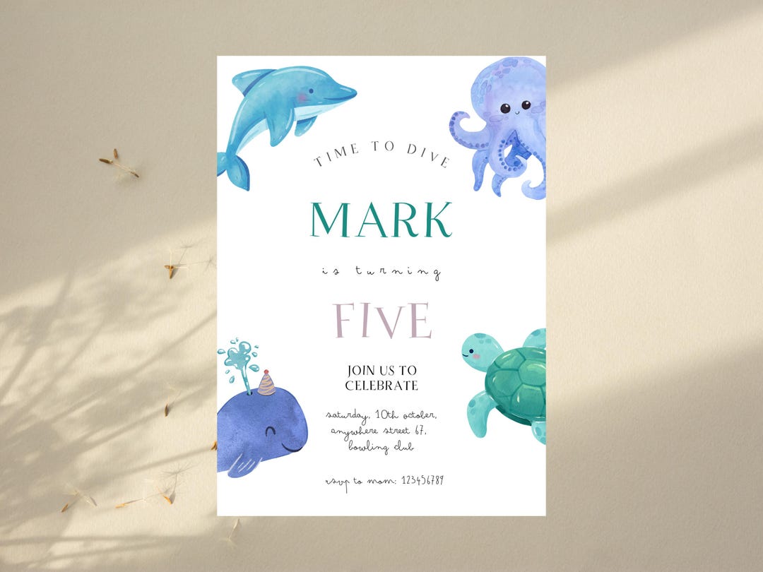 Ocean Invitation, Cute Dolphin Whale Fish Octopus Turtle Birthday Party ...