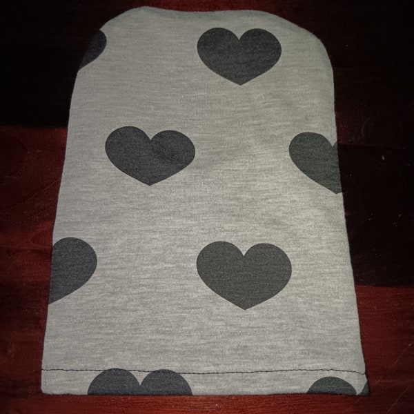 Stoma bag cover Black hearts on grey. 9" length x 2" flange opening. Stretch back, open ended cover. Ileostomy, colostomy urostomy