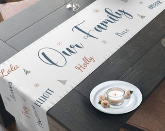 Puede incluir: Un camino de mesa blanco con el texto en azul oscuro Our Family, rodeado de varios nombres en azul oscuro y naranja óxido, intercalado con pequeños iconos de árboles de Navidad grises y patrones de copos de nieve naranja óxido.