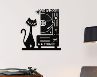 Atomic Cat Vinyl Zone Metal Wall Art: Mid Century Modern Decor