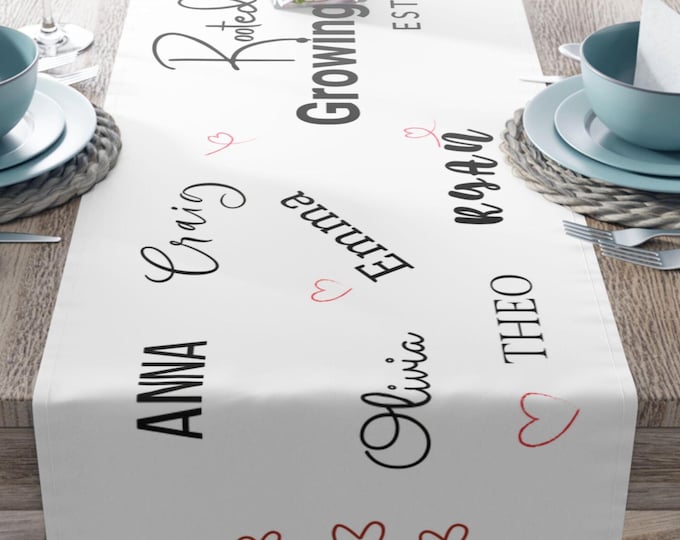 Personalized White Table Runner: Family Names & Quote, Mom Gift