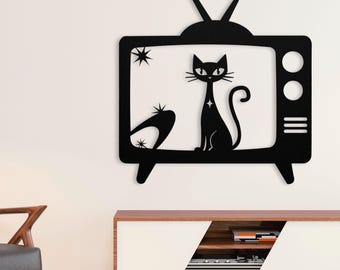 Atomic Cat Metal Wall Art: Mid-Century Modern Retro TV Sign