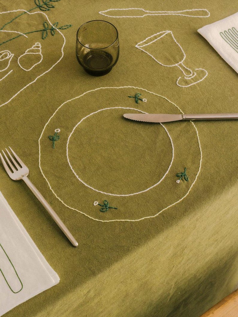 Handmade Embroidered Linen Tablecloth: Vintage Cottagecore Floral Design, Rustic Farmhouse Decor
