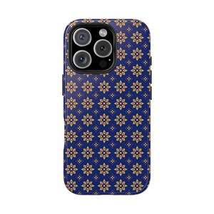 Brown Symmetric Flower Motif Blue Tough Hard Phone Case Cover iPhone 16 15 14 13 12 11 8 7 Pro Max Galaxy S21 S22 S23 S24 gift for her him