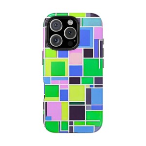 May include: A colorful phone case with a geometric pattern of squares in shades of green, blue, pink, and yellow.