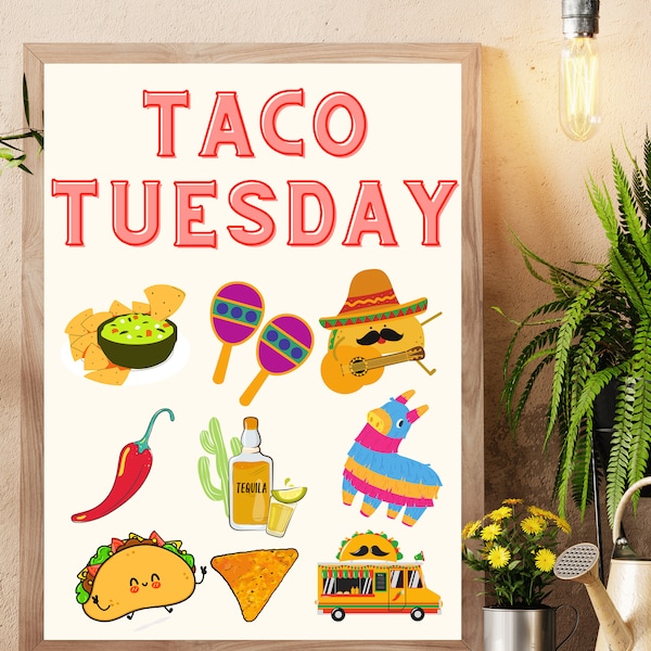 Taco Tuesday - Foodie Art Print - Instant Download PDF, Housewarming Gift, Wall Art Poster, Colouring Art Poster, Colouring Page, Print