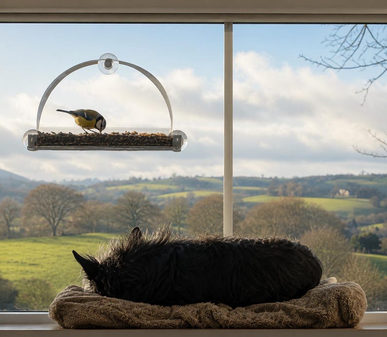 Peut inclure: Un mangeoire &agrave; oiseaux transparent fix&eacute; &agrave; une fen&ecirc;tre, avec un petit oiseau en train de manger des graines. Un chien noir se repose sur un coussin brun &agrave; l'int&eacute;rieur de la fen&ecirc;tre, avec un paysage verdoyant en arri&egrave;re-plan.