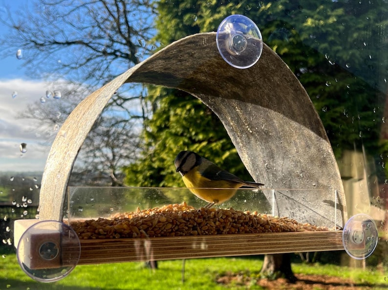 Peut inclure: Un mangeoire &agrave; oiseaux fix&eacute; &agrave; une fen&ecirc;tre, avec un petit oiseau jaune et bleu perch&eacute; &agrave; l'int&eacute;rieur. La mangeoire a une base en bois et un plateau d'alimentation en plastique transparent rempli de graines. Un toit incurv&eacute; en bois vieilli offre un abri.