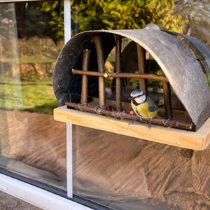 Peut inclure: Un mangeoire &agrave; oiseaux fix&eacute; &agrave; une fen&ecirc;tre avec une petite m&eacute;sange bleue perch&eacute;e sur un perchoir en bois. La mangeoire a un toit incurv&eacute; en m&eacute;tal et une base en bois. L'arri&egrave;re-plan est une vue floue d'arbres et de feuillage.