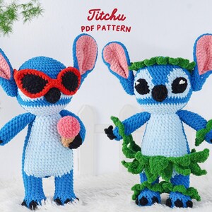 May include: Two blue crochet figures, one wearing sunglasses and holding an ice cream cone, the other with a green grass skirt and lei. The figures have large ears and black eyes. The text "Titchu PDF PATTERN" is at the top.