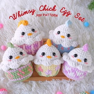 May include: A set of five crocheted chick egg ornaments. Each chick is wearing a different colored cupcake hat. The hats are pink, blue, yellow, green, and purple. The text "Whimsy Chick Egg Set PDF Pattern" is visible in the image.