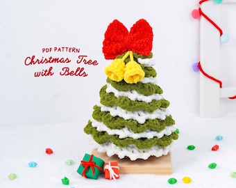 Padrão de crochê para árvore de Natal com sinos, padrão de crochê para árvore de Natal amigurumi, amigurumi natalino feito à mão, tutorial de decoração de inverno
