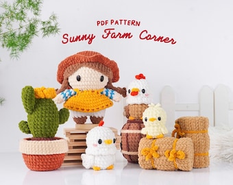 Farm Animal Crochet Patterns Bundle: Girl Doll, Cactus, Chick, Hen, Rooster (PDF Pattern)