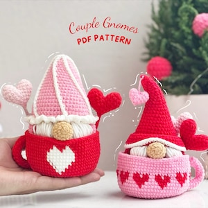 Couple Gnome Crochet Pattern, Gnome In A Cup Pattern, Valentine Crochet Pattern, Gnome Crochet Pattern, Amigurumi Crochet Pattern