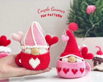 Couple Gnome Crochet Pattern, Gnome In A Cup Pattern, Valentine Crochet Pattern, Gnome Crochet Pattern, Amigurumi Crochet Pattern