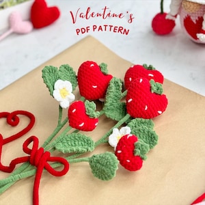 Valentine Flower Bouquet Crochet Pattern, Flower Pattern, Valentine Strawberry Crochet Pattern, Crochet Pattern, Heart Crochet Pattern image 1