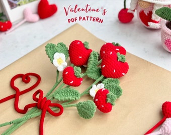 Valentine Strawberry Crochet Flower Bouquet Pattern (PDF Pattern)
