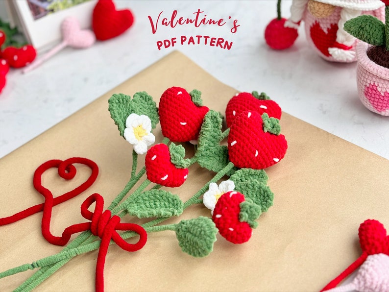 Valentine Flower Bouquet Crochet Pattern, Flower Pattern, Valentine Strawberry Crochet Pattern, Crochet Pattern, Heart Crochet Pattern image 1