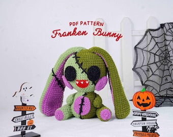 Wzór szydełkowy na Halloweenowego Królika Frankena: Dekoracja Amigurumi w formacie PDF (do pobrania w wersji cyfrowej)