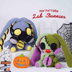 Puede incluir: Dos conejos de laboratorio de ganchillo hechos a mano, uno azul con máscara de gas y otro verde con puntadas, están sentados cerca de una calabaza y decoraciones de Halloween. El texto "PDF Pattern Lab Bunnies" está encima.