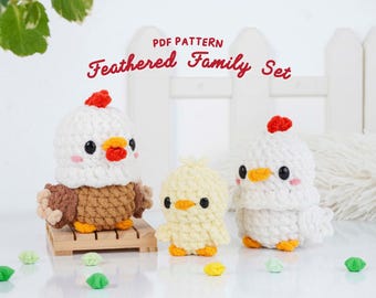 Zestaw wzorów szydełkowych na pierzastą rodzinę: amigurumi koguta, kury i pisklęcia (wzór w formacie PDF)