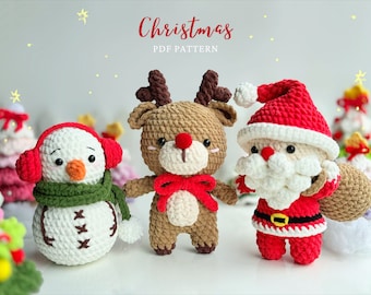 クリスマス編みぐるみかぎ針編みパターン：サンタ、トナカイ、雪だるま