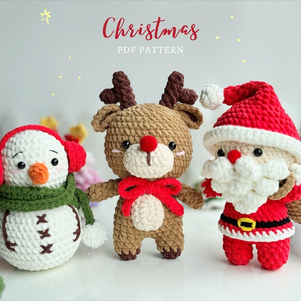 Motif au crochet Amigurumi de Noël | Motif bonhomme de neige, motif renne, motif père Noël, crochet Amigurumi pour les fêtes