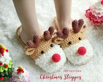 Crochet Christmas Pattern, Christmas Reindeer Slippers Crochet Pattern, Christmas Crochet Pattern, Christmas Amigurumi Crochet Pattern