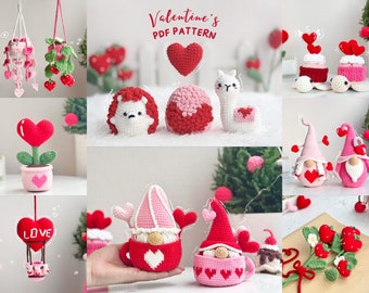 Valentine Bundle Crochet Pattern, Flower Pattern, Valentine Gnome Crochet Pattern, Hedgehog Crochet Pattern, Llama pattern, Heart Crochet