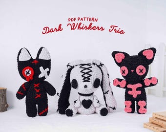Wzory szydełkowe w stylu gotyckim: trio amigurumi: kot i króliczek (wzory w formacie PDF)
