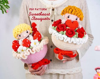 Sweetheart Valentine Bouquets Crochet Patterns, Strawberry Bouquet Pattern, Cupid Roses Bouquet Pattern, Valentine Holiday Decor Design