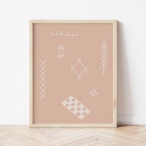 May include: A framed print with a light brown background and white geometric designs. The designs include a diamond, a rectangle, a tree, and a series of lines.