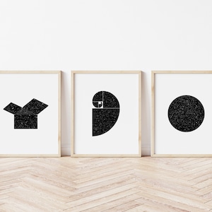 Puede incluir: Tres impresiones geométricas en blanco y negro en marcos de madera. Las impresiones representan una caja, una espiral y un círculo.