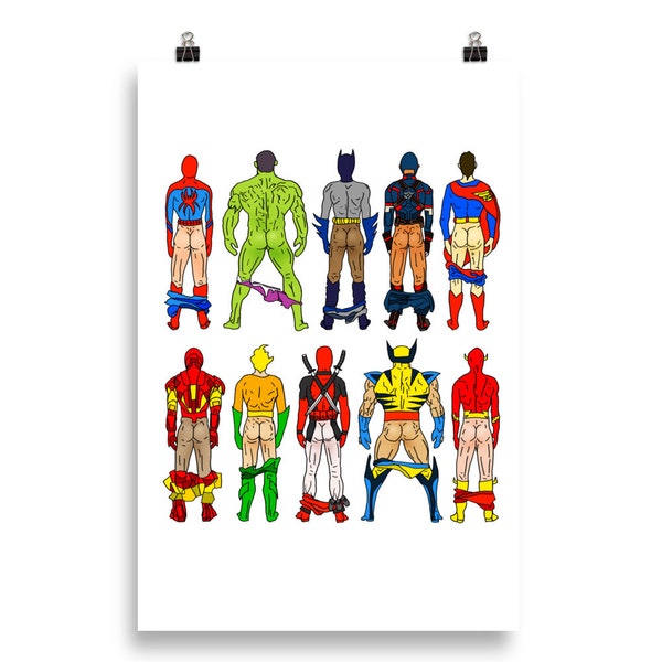 Superhero Butts Poster Spiderman Hulk Batman Captain America Superman Iron man Aquaman Deadpool Wolverine Flash Marvel DC Comic Inspired