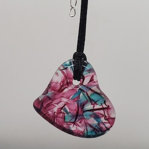 Pink/aqua Fremont glass fused glass heart pendant necklace stained glass
