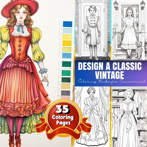 Vintage Classic Dress Coloring Page, Retro Dress Adults Instant Download, Grayscale Coloring Page, Bride Coloring, Printable PDF / JPEG