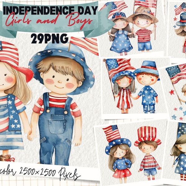 Happy 4th July Kid Clipart, Vector Patriotic, Cute Boy, Girl, USA, Independence Day, Infant, Character, Children PNG, Celebration Clip Art