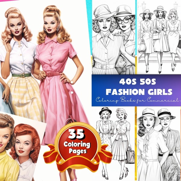 Vintage Beautiful Ladies Coloring Page, Pin Up Girls Coloring Book Elegance Coloring Pages, 40s 50s Fashion Girls Coloring, Women Coloring
