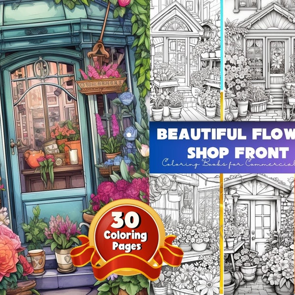 Beautiful Flower Shop Front Coloring Page, Front Store Coloring Page Book for adults and kids, Instant Download, Flower Shop color minimal