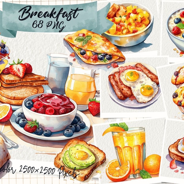 Breakfast Watercolor Clipart, Eggs and Bacon, Breakfast PNG, Brunch Clipart, Waffle Art, Breakfast Clipart, Avocado Toast, Commercial use