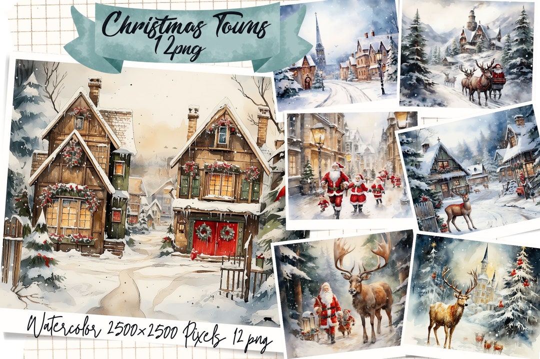 Christmas Village and Houses Art, Christmas Towns Watercolor Clipart ...