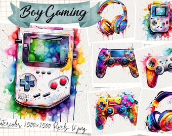 Gaming Controller Watercolor Clipart, Digital Download, Boy T-shirt Sublimation PNG, Boy T-shirt Sublimation, Card Making, Mixed Media