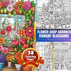 Bloemenwinkel Versierd Levendige Kleurplaten, Bloemenwinkel Front Kleurplaat, Front Store Kleurplaat Boek voor volwassenen en kinderen