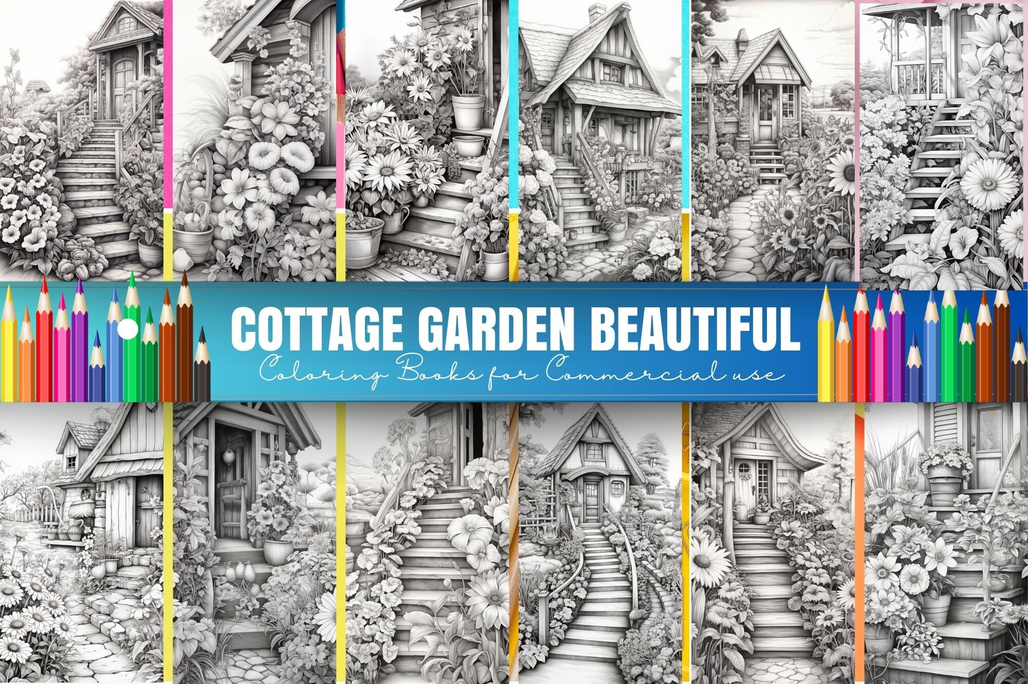 Cottage Gardens Coloring Page Beautiful Grayscale Cottage Etsy