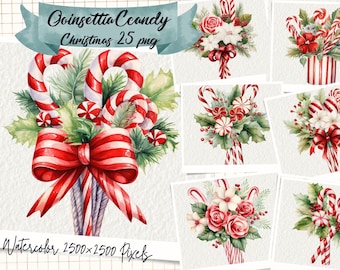 Christmas Candy and Gift Box Watercolor Clipart, Candy Cane, Peppermint, Lollipop, Christmas Sweets Clipart, Poinsettia Christmas Candy