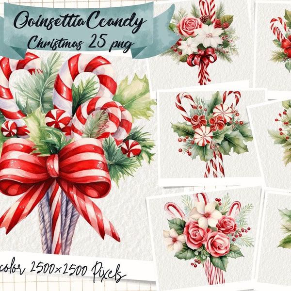 Christmas Candy and Gift Box Watercolor Clipart, Candy Cane, Peppermint, Lollipop, Christmas Sweets Clipart, Poinsettia Christmas Candy